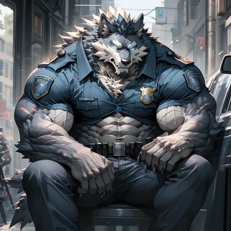 sitting in police car with muscular police officer serious face（scars in the face）mature （blue eyes）huge muscle ripped abs wild，...