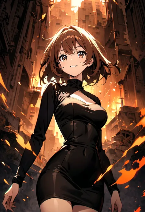  anime girl with brown hair black bodycon dress with long sleeves and a rectangular neckline with light tanned skin dark brown eyes and smiling