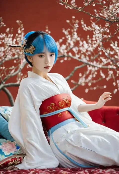 8k　historical drama style　a beautiful 15-year-old girl with short blue hair　gorgeous embroidery, ultra glossy, she is wearing a ...