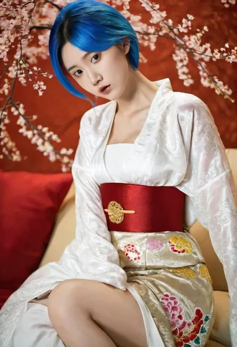 8k　historical drama style　a beautiful 15-year-old girl with short blue hair　gorgeous embroidery, ultra glossy, she is wearing a ...