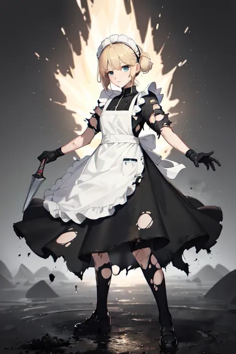 ((Super best quality:1.6))((High resolution:1.6))((detailed))((Attention to detail))(Draw the whole body)cute, Blonde, Small breasts, Maid clothes(白と黒のMaid clothes,White apron, head band, Classic, Long skirt), (Fighting with a big sword), Double-handed swo...