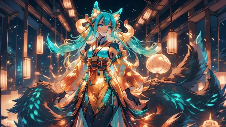 Miku Hatsune 18 year old girl, add high definition_detail:1, blue fur,kitsune ears, japanese tattoo art add_detail:1, arms in the air, japanese samuray costume add_detail:1, glowing body, full body add_detail:1