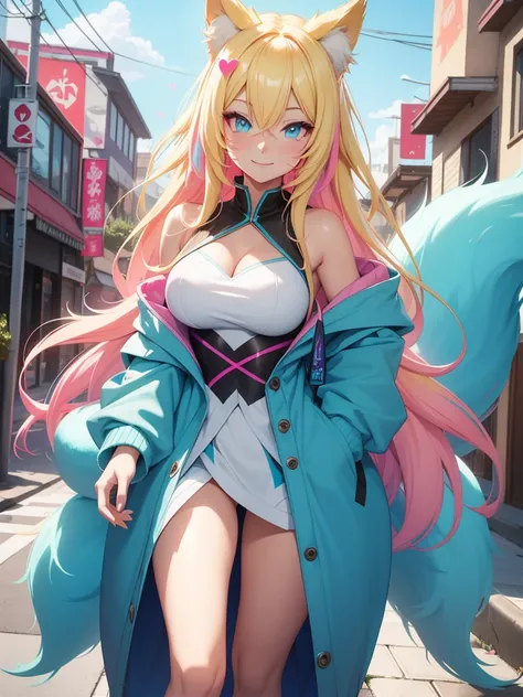 ahri wearing cyan very large hoodie; blonde hair with pink details; beautiful detailed eyes; smiling face; longeyelashes; perfec...