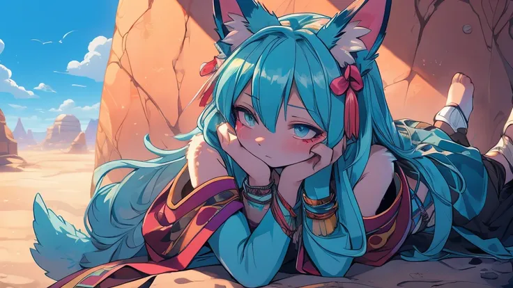 miku hatsune x aloy forbidden horizon dragon west armor tenack, add high definition_detail:1, blue fur,kitsune ears, tribal tatt...