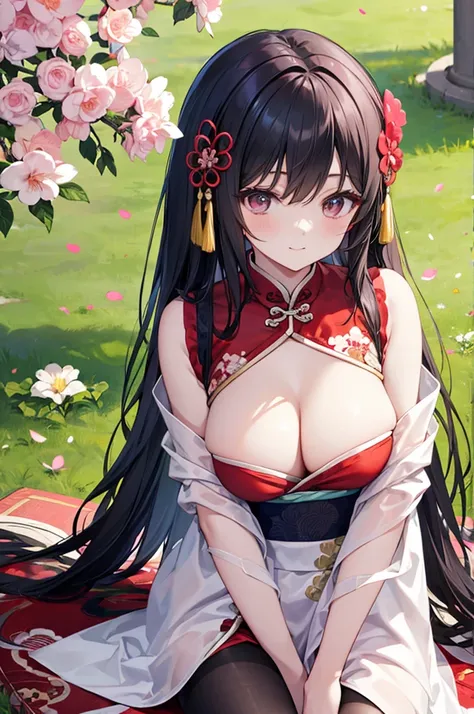 Beautiful Chinese girl，Wearing Hanfu，Wearing black stockings，（transparent），Black long hair，watcher，Upper Body，Sitting on the grass，Lovely，A slight smile on the face，Large bust，Beautiful breasts，Delicate breasts，Cleavage close-up，Breast protrusion，（Slim leg...