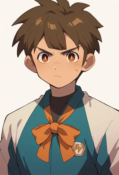 draw an inazuma oc with brown bangs and orange ribbon claude beacons style eyes