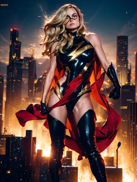 Detailed background, masterpiece, best quality, Brie Larson, flying above city, futuristic skyline, burning buildings, super long thick blonde hair, cape blowing in the wind, evil but beautiful face, toned body, full body, elegant, graceful, powerful, immo...