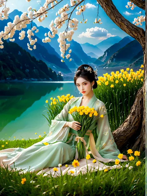 spring，1girl，((beautiful eyes))，((Perfect and refined limbs))，Sitting，在Grass地上，tent，flower，outdoor，Tree，landscape，daytime，Sky，cloud，Grass，橙flower，白flower，nature，Vague，红flower，(masterpiece，Best quality:1.2)，lifelike，Reality，梦幻般的Light芒，错综复杂的detail，Ultra Deta...