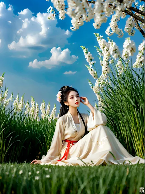 spring，1girl，((beautiful eyes))，((Perfect and refined limbs))，Sitting，在Grass地上，tent，flower，outdoor，Tree，landscape，daytime，Sky，cloud，Grass，橙flower，白flower，nature，Vague，红flower，(masterpiece，Best quality:1.2)，lifelike，Reality，梦幻般的Light芒，错综复杂的detail，Ultra Deta...