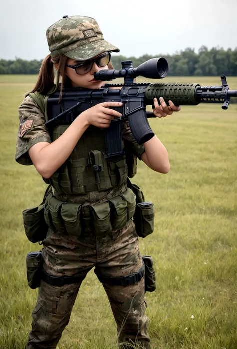 Picture of a person holding an M16 and shooting at grass.