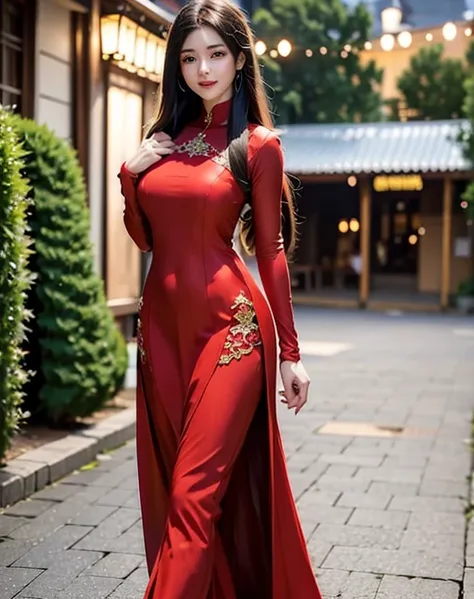 beautiful black-haired girl with brown eyes and long hair wearing sexy red dress walking through the streets of quito at night