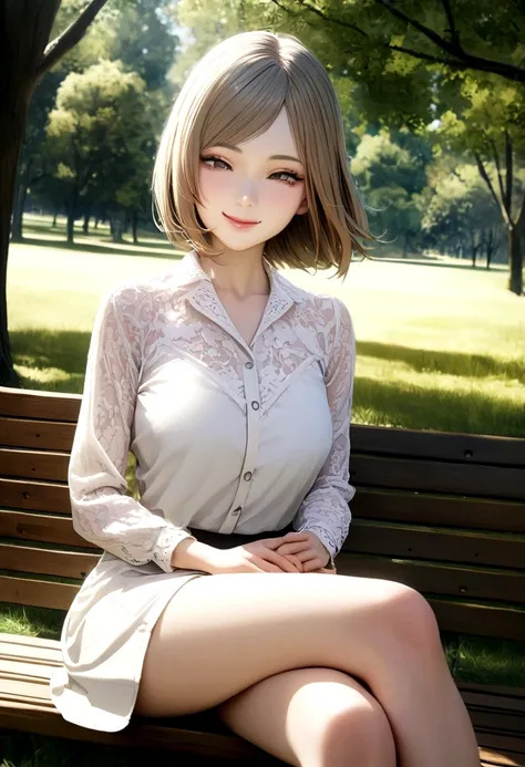 sunny day, stylish photo of a girl in a blazer dress, (swollen eyes:1.05), (white lace shirt), platinum brown hair, (angled bob:1.4), flat bangs, (flowing hair), smile slightly, happy, happiness, very detailed skin, skin pores, Stunning face of innocent sy...