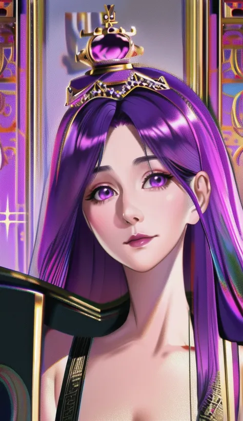 A close-up of a person in purple costume and purple hair, seductive princess knight, beautiful woman with violet skin, giggling character, ultra-detailed fantasy character, Yunling, full body fairy, Hirase Jinyao, beautiful and elegant queen, portrait of t...