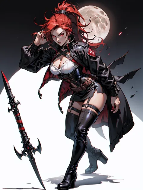 Rogue human woman, with red hair and black streaks, long high ponytail, white corset, black mini skirt, black thigh high boots, black jacket, holding a dagger, red eyes, moon background
