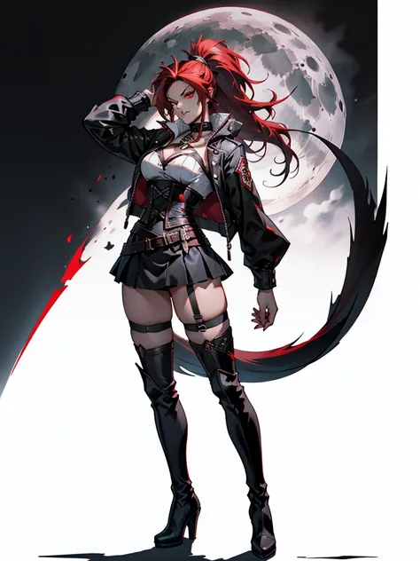 rogue human woman, with red hair and black streaks, long high ponytail, white corset, black mini skirt, black thigh high boots, ...