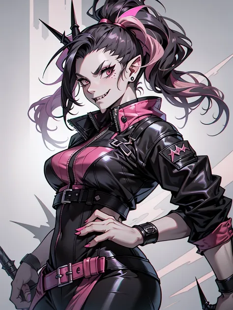 half dragon female with grey skin, with black hair pigtails style, with pink streaks, sharp teeth, biker outfit.