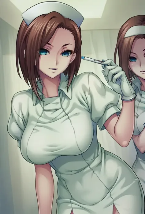 numajiri sb, brown hair, medium hair, blue eyes, nurse, nurse cap, short sleeves, white latex gloves, hospital private room