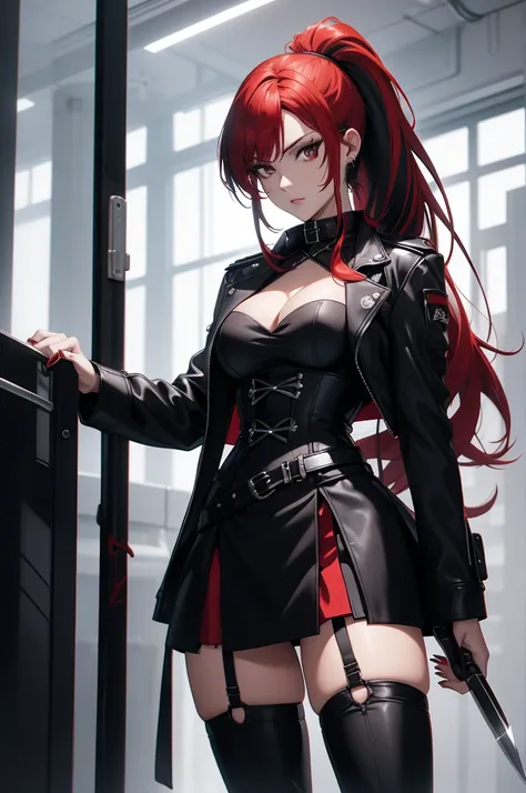 rogue human woman, with red hair and black streaks, long high ponytail, white corset, black mini skirt, black thigh high boots, ...