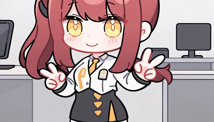 masterpiece,best quality,office,smile,closed mouth,standing,v,chibi,
anotherstyle,kaluolin,1girl,solo,skirt,red hair,looking at viewer,shirt,side ponytail,black skirt,white shirt,yellow eyes,long sleeves,necktie,long hair,high-waist skirt,bangs,