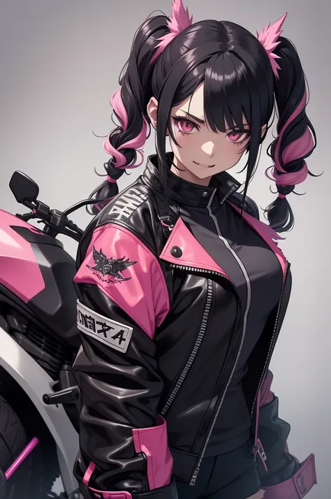 half dragon female with grey skin, with black hair pigtails style, with pink streaks, sharp teeth, biker outfit.