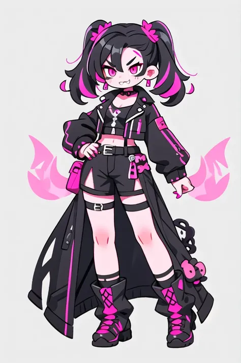 half dragon female with grey skin, with black hair pigtails style, with pink streaks, sharp teeth, biker outfit.
