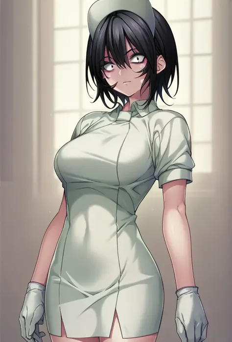 kangoshichou sb, black hair, short hair, hair between eyes, constricted pupils, black eyes, nurse, nurse cap, short sleeves, white latex gloves, hospital private room