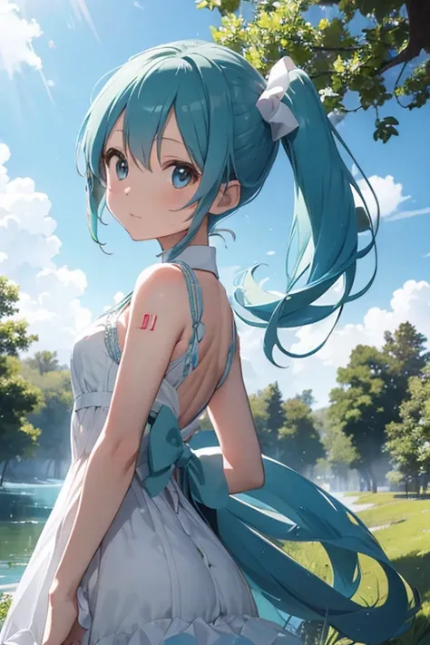 Hatsune Miku in a white dress in the middle of nature with a beautiful blue sky in the background