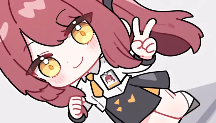 masterpiece,best quality,office,smile,closed mouth,standing,v,chibi,
anotherstyle,kaluolin,1girl,solo,skirt,red hair,looking at viewer,shirt,side ponytail,black skirt,white shirt,yellow eyes,long sleeves,necktie,long hair,high-waist skirt,bangs,