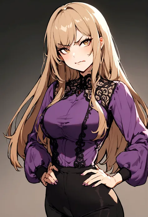 1girl, light brown long hair, purple shirt, black pants, biting lip, hands on hip