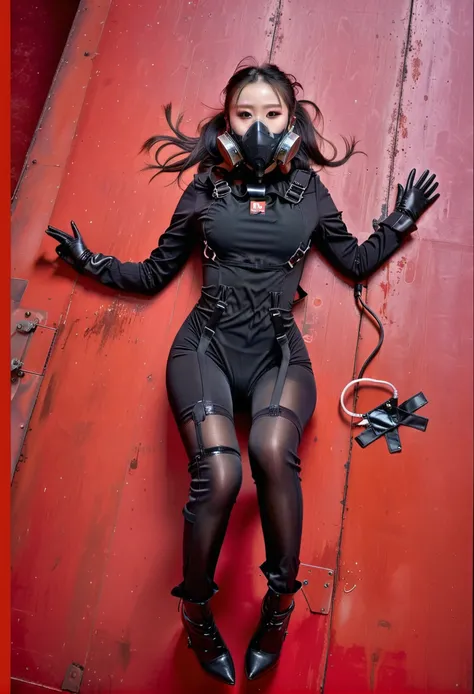 score_9,score_8_up,score_7_up,8k,hd,1girl,red background,lying,from above,,ruanyi0406,black bodysuit,respirator,gloves,platform ...