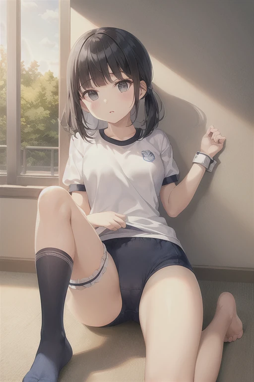 View your viewers, 
Black Hair,(Tied Hair,Blunt bangs:1.2), Small breasts, 
(Navy blue cuffs and white short-sleeved gym uniform)、(Navy Blue Bloomers)、(
barefoot)、Navy blue socks、sports boots、Ground、Schoolyard, (Highest quality:1.3),One girl,