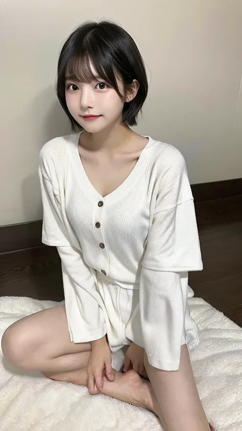 one girl,japanese,cute, masterpiece, textured skin, Highest quality, wear White pajamas,short hair,black color