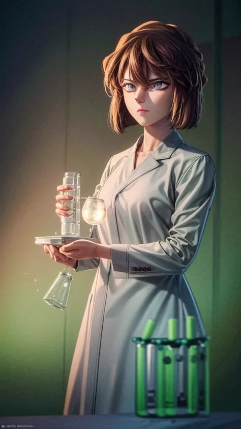 Huiyuan Ai in a white lab coat, beautiful detailed eyes, beautiful detailed lips, extremely detailed face, long eyelashes, scientific equipment, microscope, beakers, test tubes, glass bottles, grey color scheme, cinematic lighting, dramatic shadows, highly...