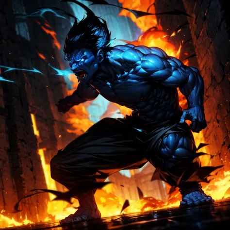 two warriors saw from a distance a colossal giant 1000 feet tall, he was emitting black fireballs from his mouth, he had blue sk...