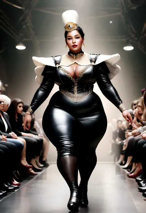 realistic detailed photo, Extremely curvy black cosplay fashion model dressed as marg simpson walking down the catwalk