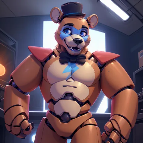 (masterpiece), ((perfect anatomy)), (high res), (4k), bear, buff, strong, blue eyes, wide shoulders, (robot), (animatronic), hap...