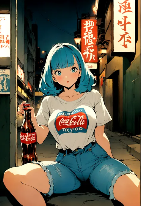 (vintage),(Retro),(Cartel), coca cola advertising with perfect girl, clothing oversized blue jeans and white t-shirt with open waist(sexy), military environment, Masterpiece, comics(tokyo city) (1990) night atmosphere, with city lighting, sitting showing b...