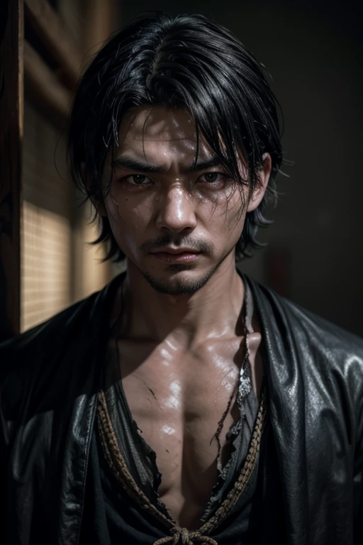 japanese man; grimy; rdr2; standing alone; blackquality hair; hair wet; piercing eyes; dark expression; manto preto grimy, closed up, with torn sleeves; mysterious figure; menacing appearance; pale skin; striking traces of dark circles; raining night; hidd...