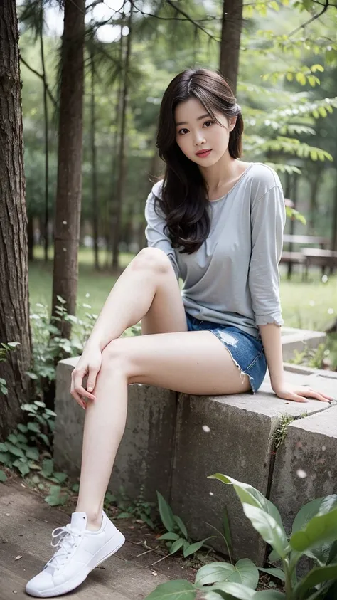 masterpiece, best quality, Surreal, Ultra Detailed, 8k resolution, RAW photos, Clear focus, (A girl in the forest), ((light gray shirt)), sleeveless, sports Shorts,, Solitary, Perfect body, Perfect body, Bangs to eyebrows、Beautiful brown hair、Beautiful and...