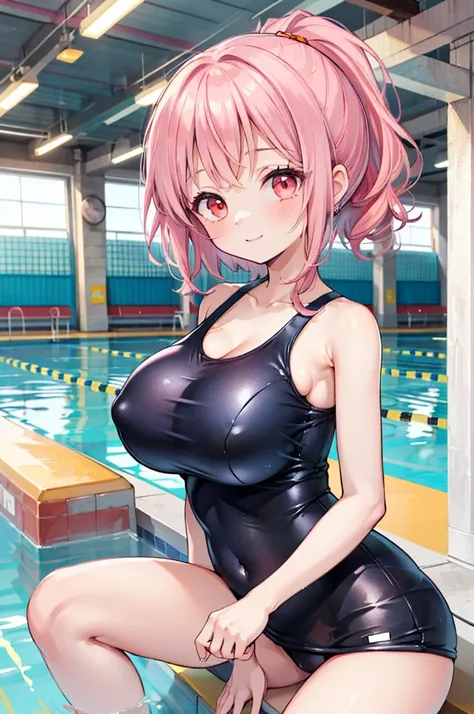 ((Masterpiece)),((high resolution)),((Best Quality)),Anime illustration,(((1girl))),,(wavy hair),(short hair),(pale pink hair color),small ponytail,Red eyes,(Big round eyes),((tareme)),15 years old,((loli face)),((very big breasts)),Short stature,,one-piec...