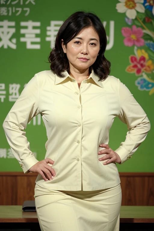 Aunt in Osaka、Organic Photography、best quality、masterpiece、Ultra-high resolution、Beautiful old lady、50 years old、Elegant face，Wear a business shirt，Short skirt，Huge sagging chest contour，Wavy Hair、Real skin texture，sideways，One hand supports the head，One h...