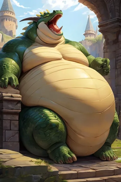 Very Obese green Dragon、Very small head、Lying Drag yellow and green crocodile-like scales、Composition looking up from diagonally below、White Breath、Sweat all over the body、Very short legs、Lying down pose、Sharp toenails、Face facing up、Angry dragon face、Clos...