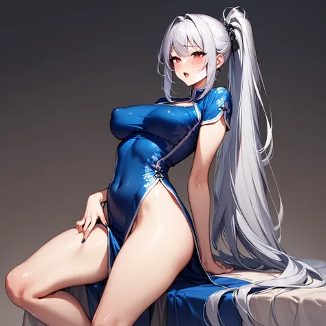 (masterpiece),(Highest quality),(Very detailed),(Best illustrations),(so beautiful), so beautiful長い脚, Thighs, Saggy breasts, Silver Hair, Red eyes, Very long hair, High Ponytail, Blue clothes, China dress, Side slits,Female masturbation, Open vagina