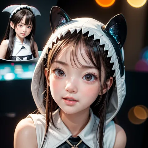  (Skinny Shark BodySuit,  shark head hood without ears), 8k, High-level, absurd, masterpiece, best quality, primitive, very detailed CG, very detailed wallpaper, perfect lighting, Extremely detailed ((( personifying " Shark" as a Little Girl))), MysticSigh...