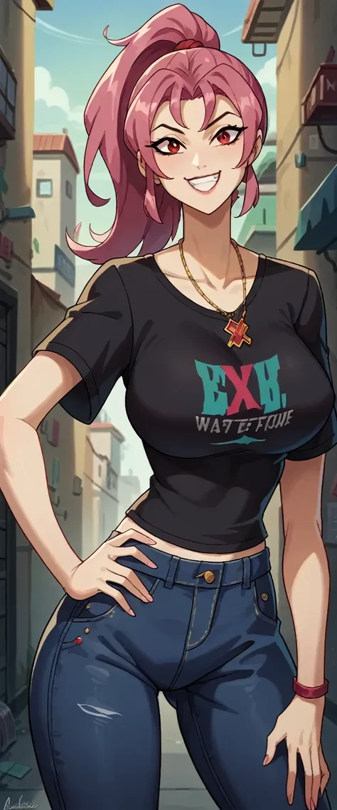 masterpiece, best quality, masterpiece, best quality, 1 woman , pink ponytail , red eyes , sly face , smile , black t-shirt , bl...