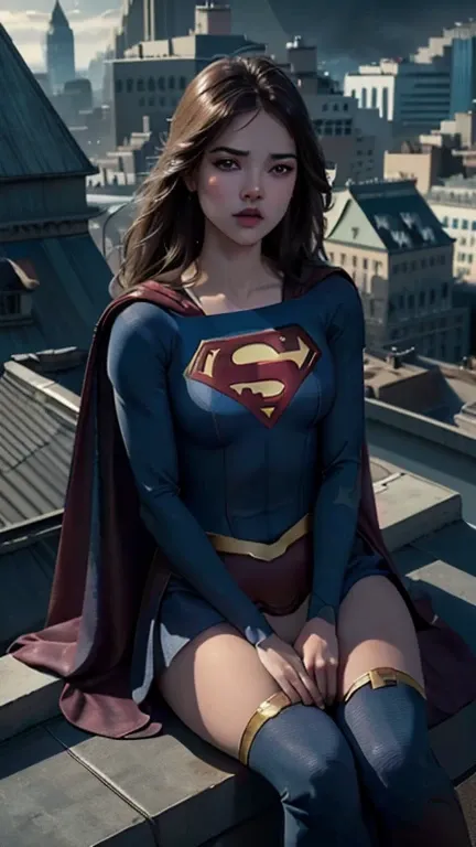 a supergirl sitting on a rooftop building, lost in deep thought, looking at the city, beautiful detailed eyes, beautiful detailed lips, extremely detailed face, long eyelashes, beautiful detailed costume, dynamic pose, cinematic lighting, epic cityscape, m...