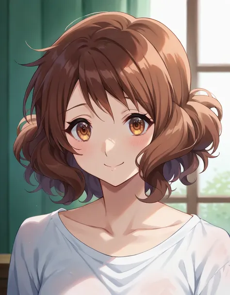 highest quality, high resolution, masterpiece, (beautiful eyes), (fine grain), detailed face, kumiko oumae, brown eyes, brown ha...