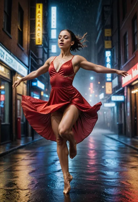 arafed woman in a red dress is dancing in the rain