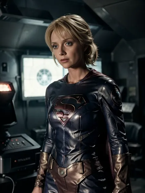 spooky alien spaceship((supergirl costume))british blonde woman standing facing forward, perfect female anatomy、sci-fi horror, 1...