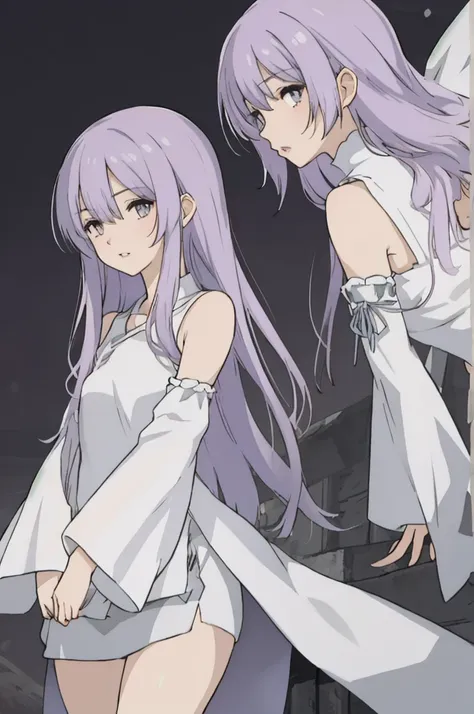 anime style, 1girl, long hair, light purple hair, grey eyes, white sleeveless dress, light purple sleeves, lips,,